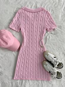SHEIN Clasi Women's Elegant Fashion Versatile Pink Polo Collar Embroidered Short Sleeve Knit Sweater Dress, Spring/Summer - Baby Pink - View 2