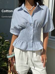 SHEIN EZwear Summer Blue Striped Fitted Woven Shirt For Women - White - View 3