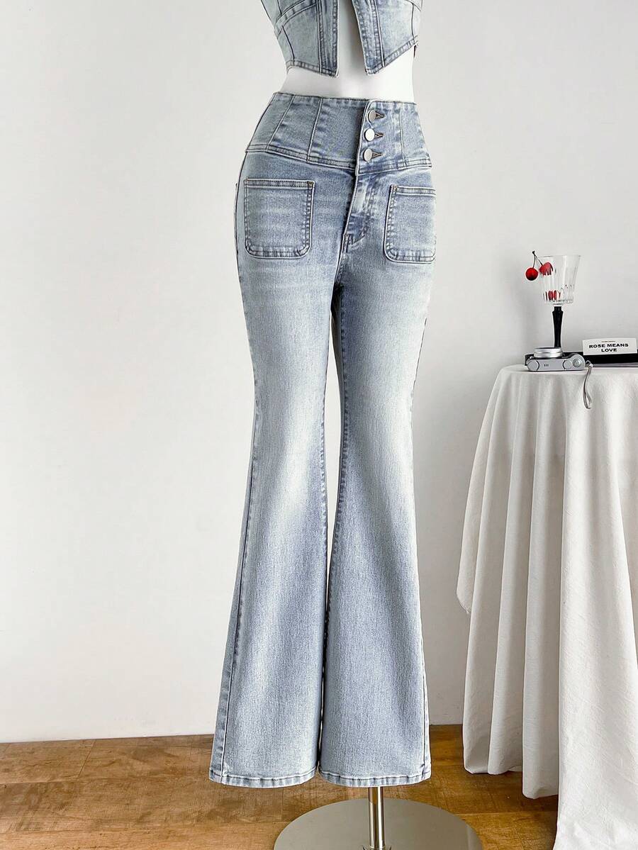 Elamini 女士口袋纽扣休闲百搭日常喇叭牛仔裤 - 藍色 - 查看 1