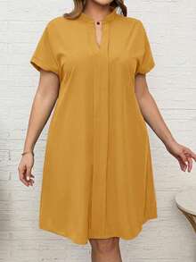 EMERY ROSE 大码夏季紫色短袖黑色连衣裙，V领设计，镂空细节 - 黃色 - 查看 5