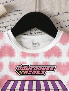 THE POWERPUFF GIRLS X SHEIN Young Girl Casual Heart And Cartoon Graphic Round Neck Short Sleeve T-Shirt, Summer - White - View 3