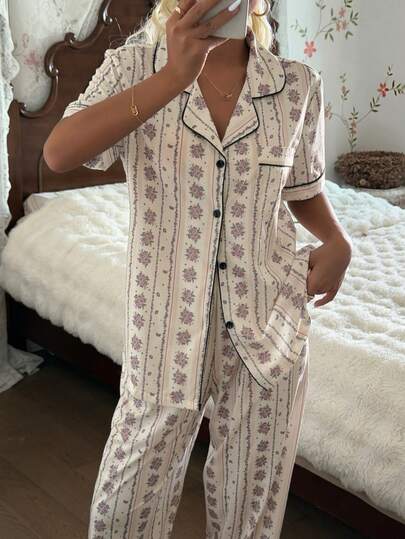 CottageSlumber Vintage Ditsy Floral Button Decor Short Sleeve Pajama Set For Women