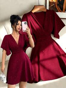 Elenzga New Women V-Neck Pleated Bust Ruffle Sleeve Waist Cinched Mini Dress, Elegant And Youthful - Burgundy - View 3
