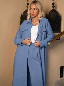 Mulvari Flap Detail Split Hem Shirt & Wide Leg Pants - Dusty Blue - View 5
