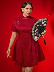 Auvina 大码女士优雅现代旗袍式A字中长连衣裙，适合春节假期 - 紅色 - 查看 4