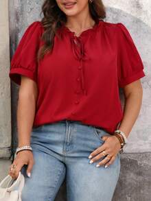 EMERY ROSE Camisa de manga corta con volantes rojos vintage de talla grande - Burdeos - Ver 4