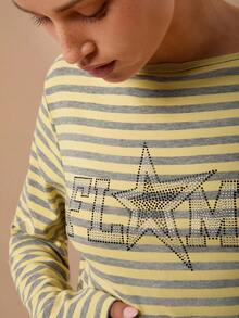 SURIMA Women's Casual Striped Letter & Star Rhinestone Embellished T-Shirt - Yellow - View 5