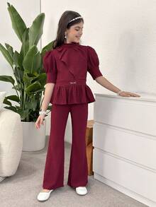 Firerie Kids 2pcs Tween Girls Casual Elegant Commute Textured Wine Red Puff Sleeve Waist Button A-Line Top And Flare Pants Set - Burgundy - View 4