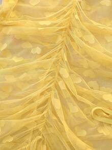 DelicateAllure 2pcs Mesh Patchwork Ruffle Hem Sheer Heart Jacquard Deep V Pleated Butt-Lifting Alluring Curve Innocent Sexy Dress + G-String Lingerie Set, Plus Size - Yellow - View 6