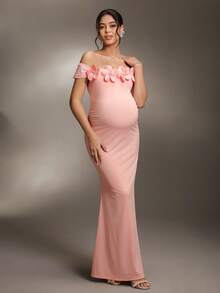 Cheriluna Maternity Maternity Photoshoot Dress With Waist Ruching And Off-Shoulder Design, Gray - Pink - View 5