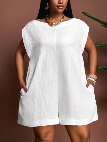 Slaydiva Spring/Summer Music Festival/Halloween Clothes, Easter, Western Style, Nomadic Style, Birthday Party, Graduation Season, Student Wear, Daily Outings, Basic Versatile, Casual, Vacation, Cruise Travel, Beach, Seaside, Sunbathing, Viral Hits, Business Casual, Minimalist & Casual & Vacation & Outing & Solid Color Plus Size Women's White Crinkle Simple Loose Minimalist Short Jumpsuit White Summer Dress Ivory Plus Size Dress White Casual Dress Curve Summer Dress White Cotton Dress