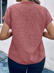 SHEIN LUNE CURVE 大码纯色翻领休闲短袖衬衫，夏季百搭 - 藕粉色 - 查看 2