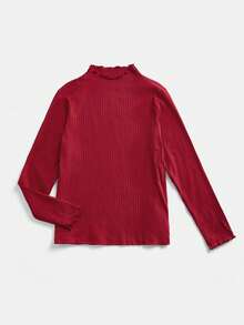 SHEIN EZwear Plus Size Red Ribbed Knit Stand Collar Long Sleeve T-Shirt - Red - View 3