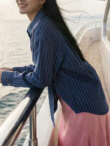 Solavon 女士条纹印花纽扣前开襟休闲长袖衬衫 - 藍色 - 查看 8