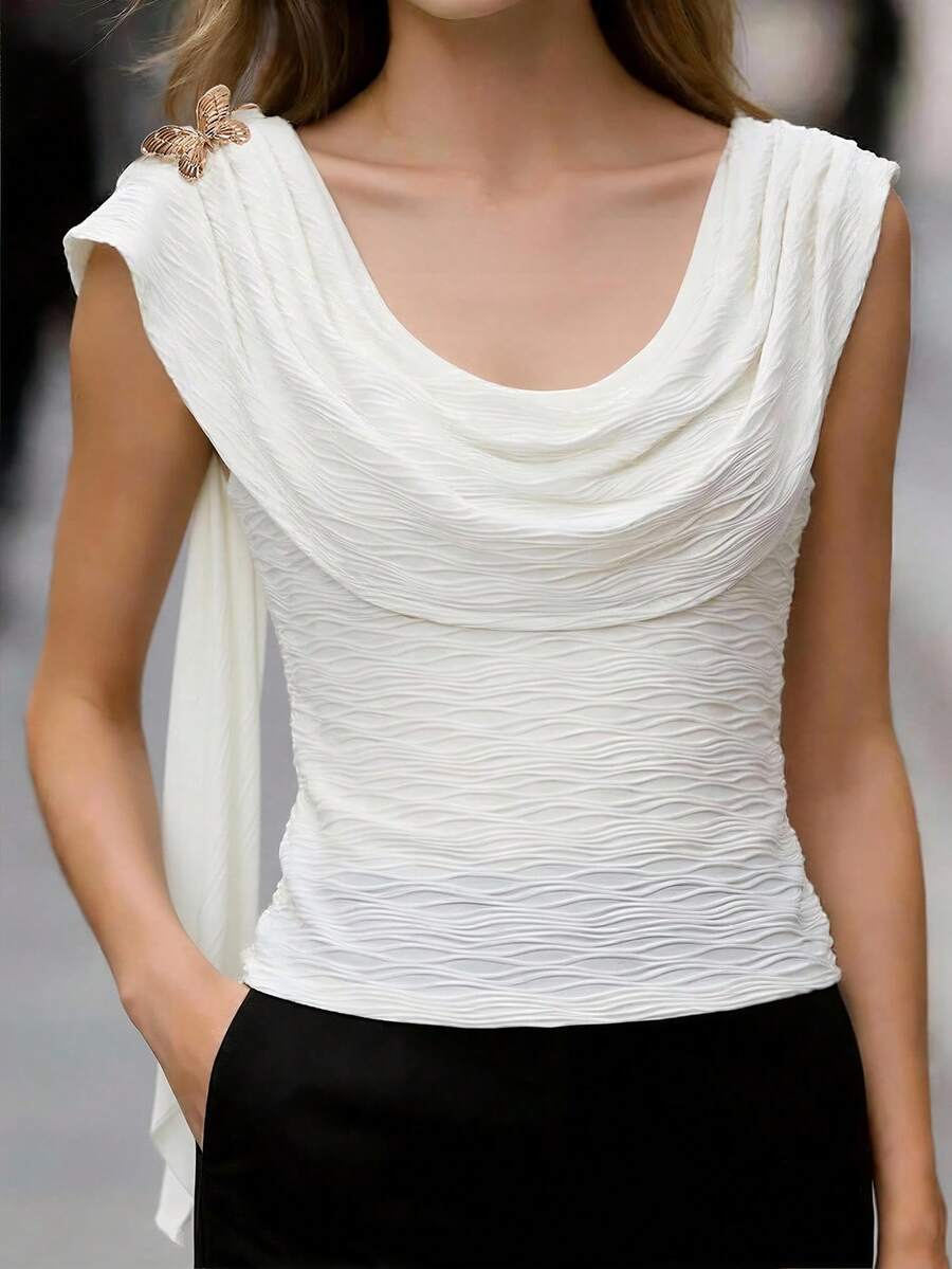 SHEIN LUNE Camiseta ajustada sin mangas con cuello drapeado elegante para mujer - Blanco - Ver 1