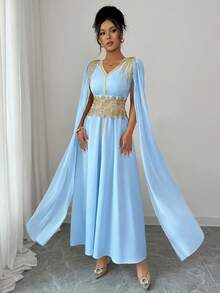 Elenzga Women's V-Neck Applique Shawl Collar Elegant Waist Cinched Long Party Dress - Baby Blue - View 8
