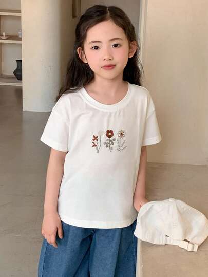 DAZY 女童（小号）圆领韩版花卉刺绣短袖T恤