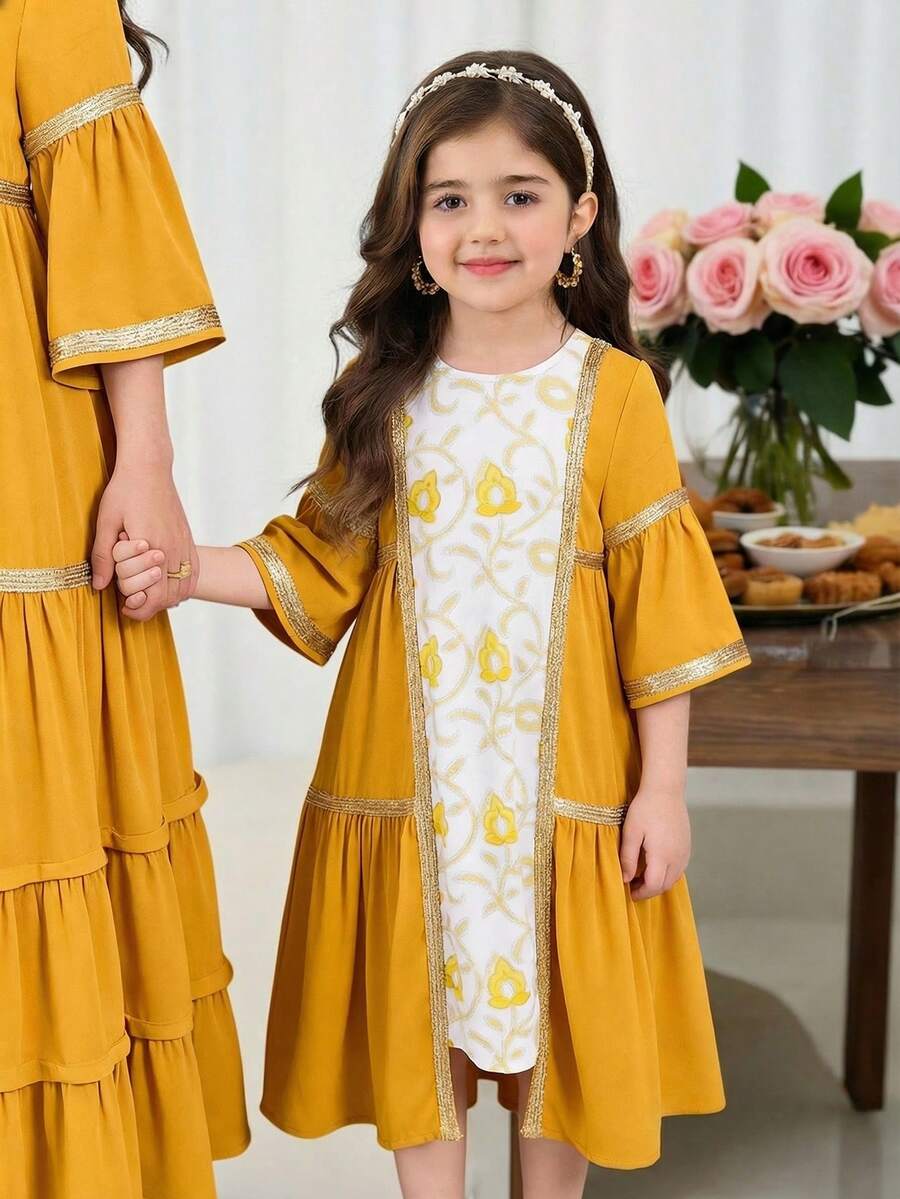 SHEIN 少女碎花撞色圆领休闲连衣裙 - 彩色 - 查看 1