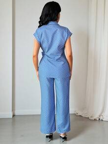 Vavine Women's Striped Collared Twist Waist Short Sleeve Top And Wide Leg Pants Casual 2 Pieces Set - Blue - View 2