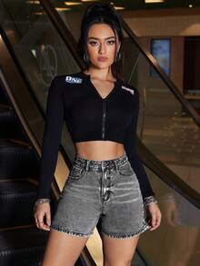 Jeanoix Quần short denim nữ màu trơn, kiểu dáng thường ngày. - Xám - Xem 4