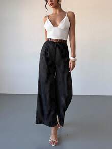 Islaluna Fashionable & Elegant Women's Pants, Striped Fabric Loose Trousers, Elastic Waistband, Front Zipper Closure With Resin Button, Paired With Contrast Metal Buckle Belt. Stylish & Elegant, Suitable For Commuting - Black - View 6