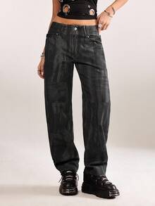 plantica 休闲性感都市时尚简约女式黑色印花直筒牛仔裤，适合外出、旅行、约会、派对、假期、情人节、春夏穿着。 - 黑色 - 查看 3