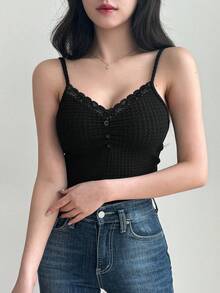 DAZY 女士蕾丝拼接纽扣细节褶皱吊带背心上衣外出上衣学院风上衣 - 黑色 - 查看 5