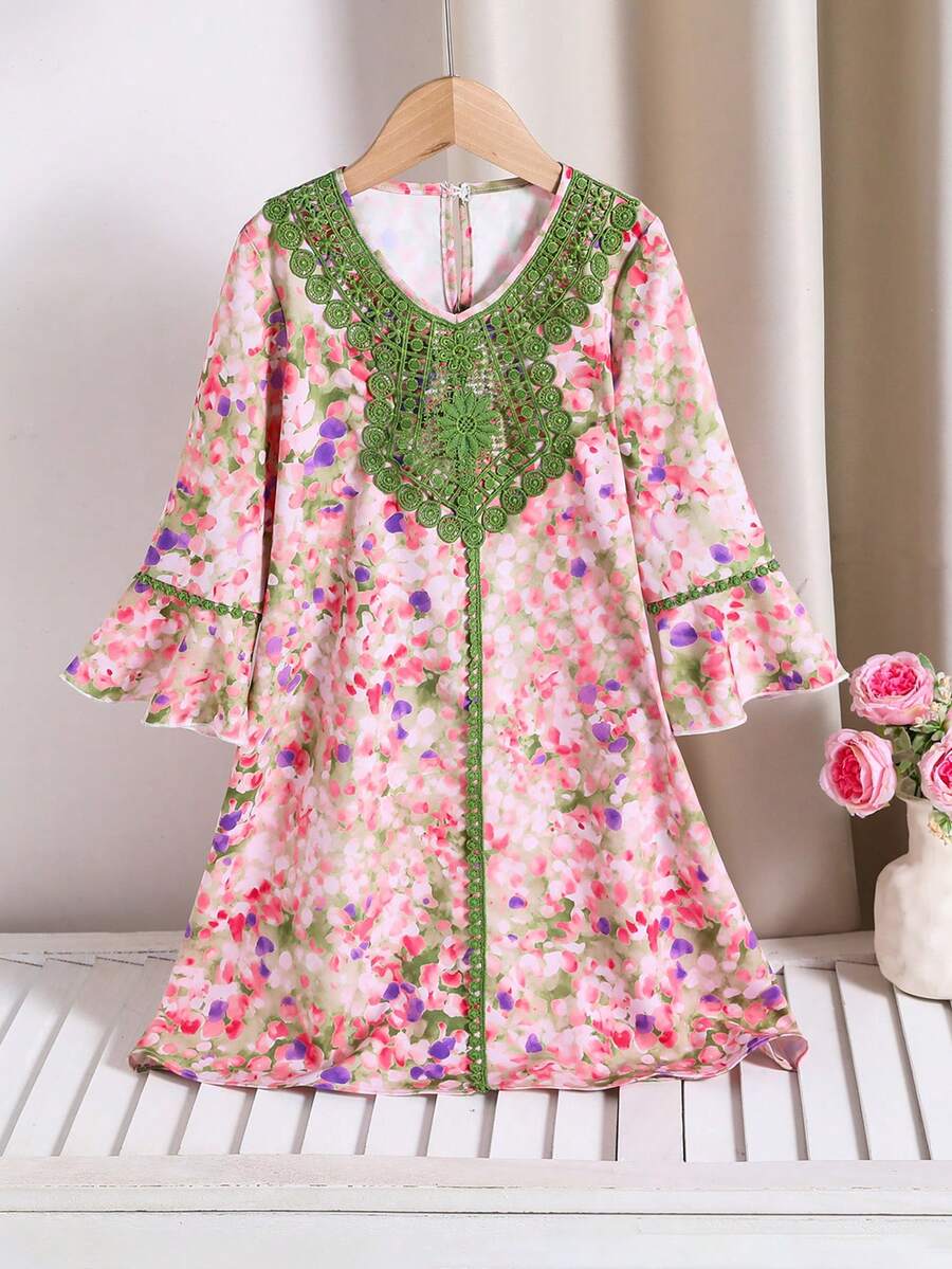 Vestido casual y lindo de fiesta con cuello en V, estampado floral y aplicaciones para niña - Multicolor - Ver 1