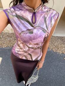 EastFlair New Chinese Style Purple Stand-Up Collar Top - Multicolor - View 1