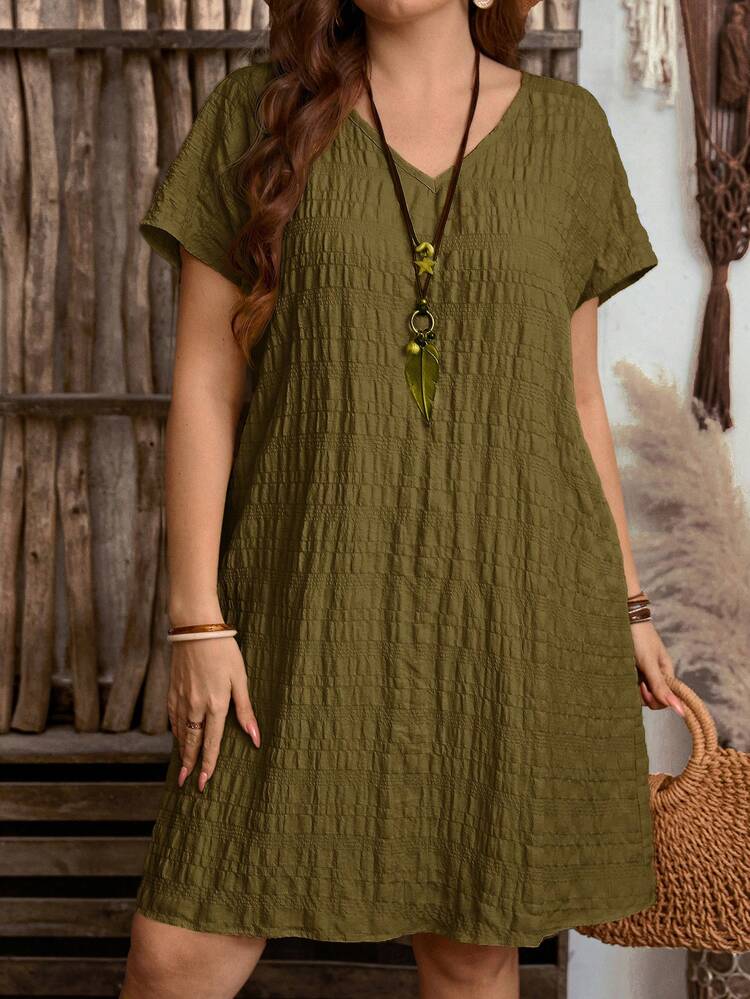 Plus Size Women V-Neck Short Sleeve Textured Casual Loose Dress For Summer/ Vacation Summer Outfits Summer Clothes  Spring  Spring Outfit Women Spring Clothes Beach Vacation Outfits For Women Bohemian  Rayon Dress Short Sleeve Summer Dress, Summer Dresses