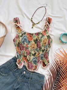Soleia 复古宫廷风彩色花卉提花吊带背心，后背纽扣系带设计，适合女性穿着，可用于派对、约会、情人节、复活节、狂欢节、下午茶、海滩、邮轮、城市度假等场合。 - 彩色 - 查看 6