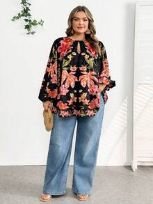 SHEIN CURVE+ Plus Size Vacation Women's Long Sleeved Round Neck Tied Pattern Top, Tropical Pattern Pattern Shirt/2026 /New Year - Multicolor - View 6