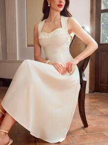 Vintamour 复古经典优雅女士连衣裙，秋冬季修身拼接提花吊带裙，杏色 - 杏色 - 查看 7