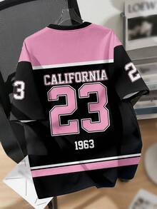 SHEIN EZwear 休闲简约圆领短袖宽松女式T恤，印有数字23图案 - 彩色 - 查看 2