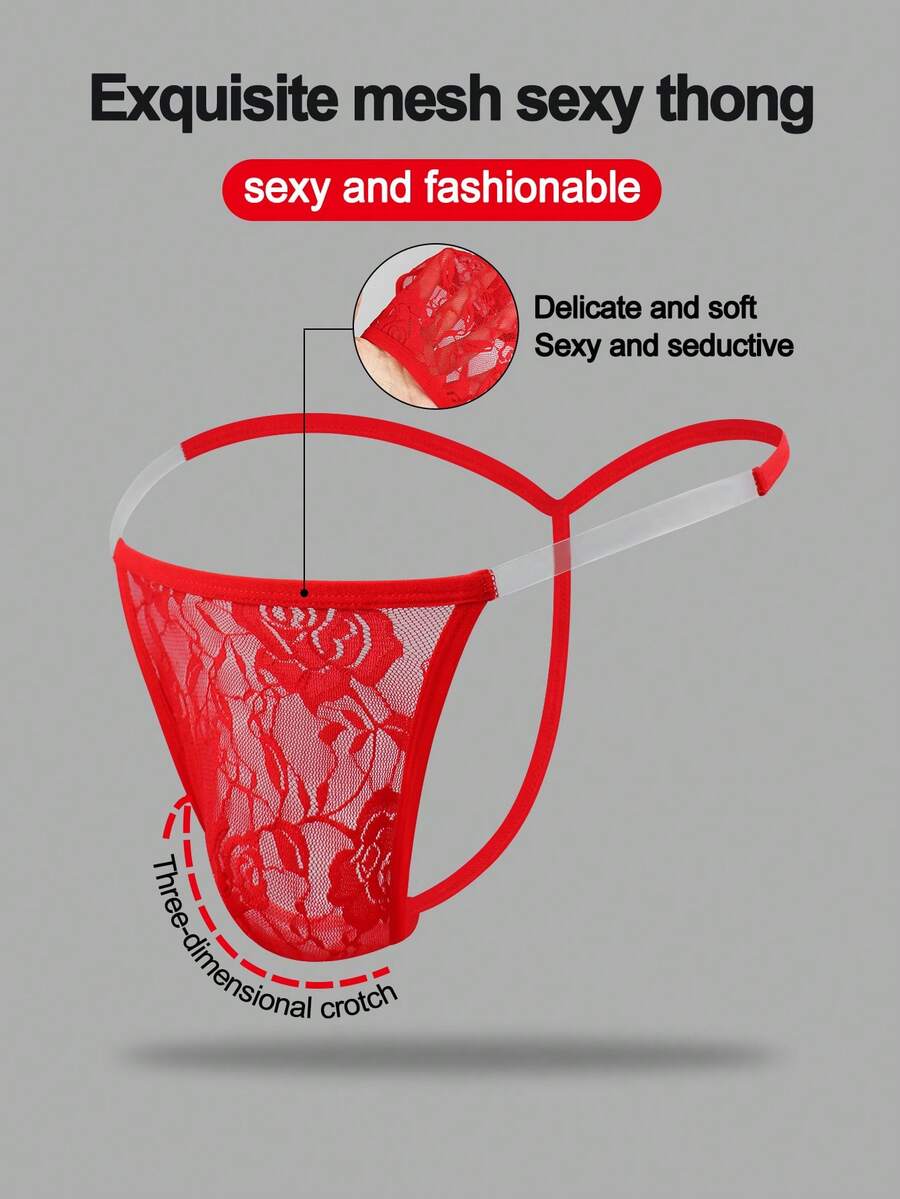 1pc Fashionable Bright Red Lace Waist Thong Underwear For Men - Red - View 1