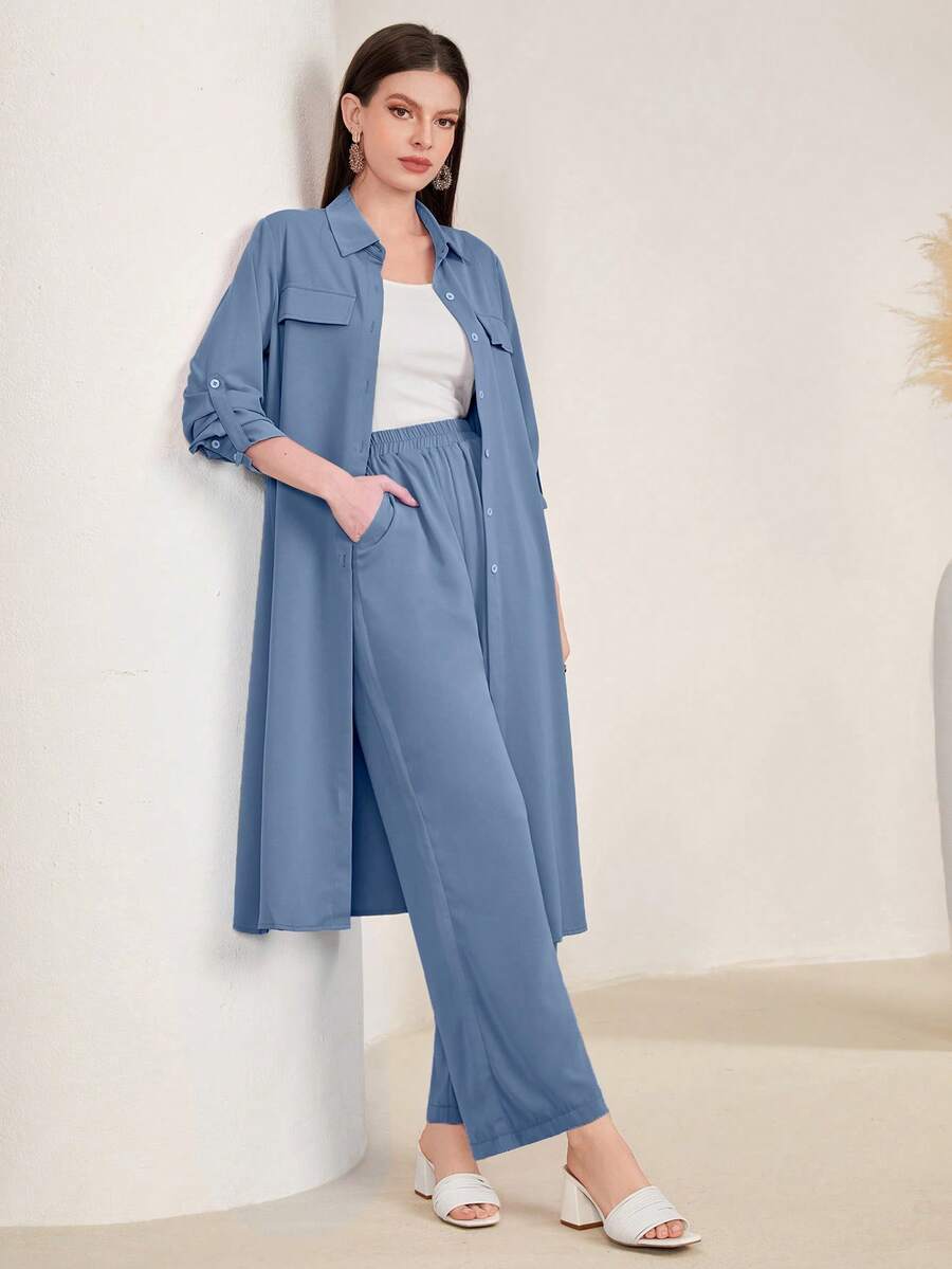 Mulvari Flap Detail Split Hem Shirt & Wide Leg Pants