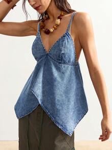 Bohemela New Women's Denim Top With Asymmetrical Hem And Rivet Embellishments, Fashionable And Sexy Denim Suspender Top, Blue Denim Top, Y2K Suitable For Casual Vacations, Outings, Beach Wear, And Music Festivals.  Summer Tops - Light Wash - View 5