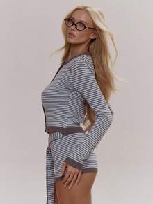 MUSERA Stripe Contrast Colour Hem Crewneck Knit Fitted Cardigan Coord Top Only Cute Girly Sexy Spring Winter Going Out Daily Easter Sugar Swizzle - Multicolor - View 3