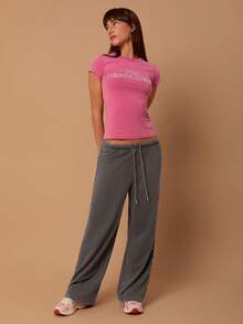 SURIMA Women's Casual Low-Waist Straight Leg Sweatpants With Rivets, Suitable For Summer, Washed Effect - Grey - View 3