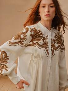 MOTF PREMIUM WOMEN'S LOOSE EMBROIDERED FOLD PLEATED LONG SLEEVE BLOUSE - Apricot - View 4