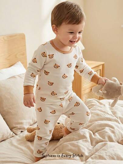 Cozy Pixies Baby Boy Cartoon Bear Print Soft Knit Crew Neck Long Sleeve Top And Elastic Waist Long Pants 2-Piece Snug Fit Pajama Set