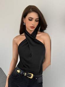 Modelyn 女士性感交叉缎面垂褶肩带修身吊带背心 - 黑色 - 查看 8