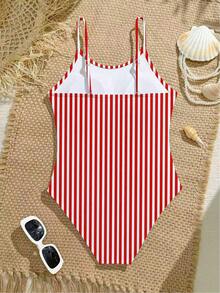 Girls' Striped Elastic Woven One-Piece Swimsuit, Suitable For Beach, Vacation, Swimming Tween One Piece Swimsuit Red And White Striped Swimsuit Girls Red White One Piece Swimsuit Girls Striped Swimsuit Tweens Beachwear - Red and White - View 2