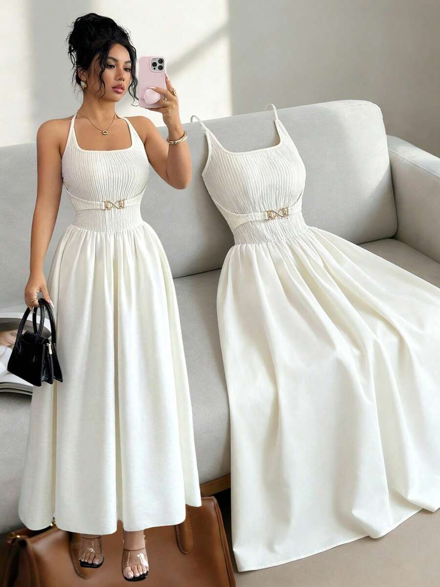 Elenzga 新款女士吊带系带针织弹力纹理面料混纺金属装饰纽扣修身优雅年轻派对通勤百搭连衣裙 - 杏色 - 查看 1