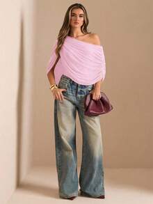 SHEIN BAE Höst/Vinter Enfärgad Brun/Kaffefärgad Off-Shoulder Rynkad Elegant Bodysuit, Tätt Åtsittande Elegant Smal Bodysuit, Draperad Topp - Babyrosa - Visa 3