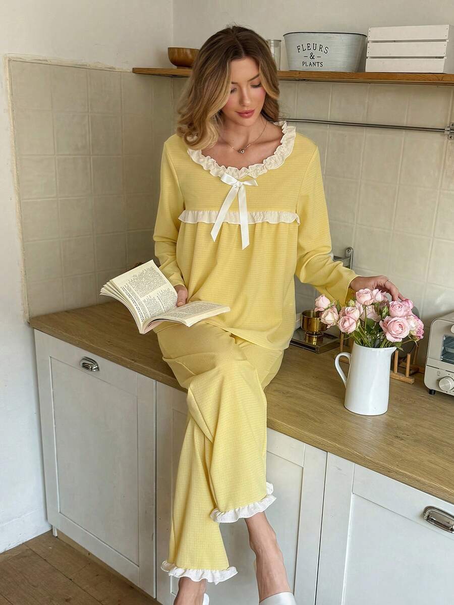 SHEIN Conjunto de pijama romántico y fresco de pantalón y manga larga con volantes de tela tejida amarillo pálido para mujer - Morado - Ver 1