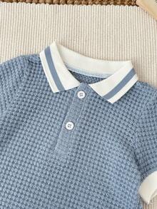 SHEIN Bộ đồ 2 món cho bé trai/bé gái: Áo polo tay ngắn cổ bẻ phối màu tương phản và quần short màu trơn cạp chun. - Nhiều màu - Xem 3