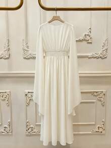 GlowEve Women's Elegant Split Sleeve Glittering Floral Lace Trim Dress With Tie Waist Fall Cloth - Apricot - View 2