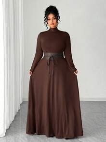 Elenzga Đầm maxi dài tay cổ đứng dáng chữ A, eo thon, màu nâu, kiểu dáng thanh lịch, thoải mái, dành cho nữ, thích hợp mặc đi làm hàng ngày, đi chơi, dự tiệc, mua sắm, lễ hội âm nhạc. - Cà phê nâu - Xem 6