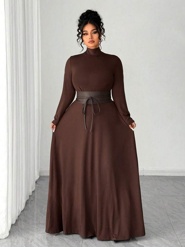 Elenzga فستان ماكسي طويل الأكمام مناسب للمرأة البدينة، ربيع/خريف، لون بني أنيق وفضفاض، ياقة عالية، متماسك، خط A في الخصر، مناسب للارتداء اليومي، الحفلات، التسوق، المهرجانات الموسيقية - قهوة بني - مشاهدة 6